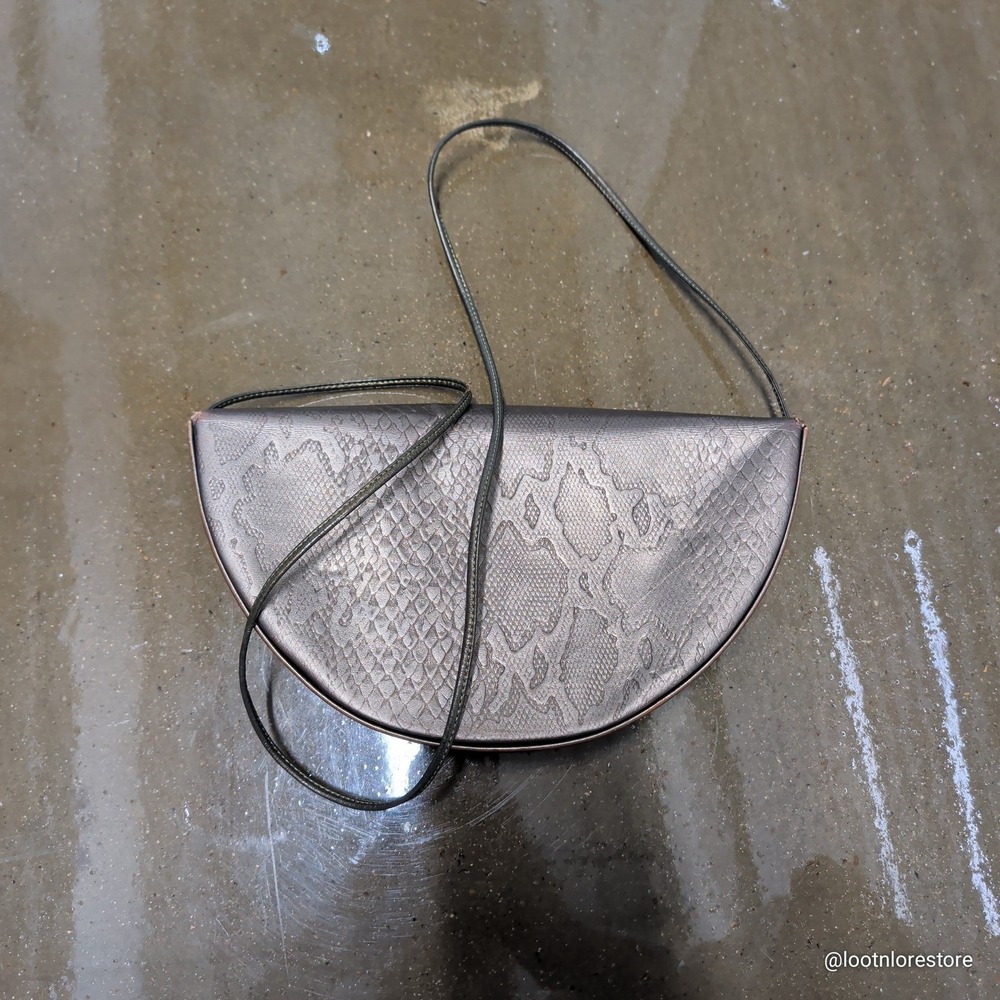Beni Rostand Vintage Snakeskin Embossed Metallic Bronze Half Moon Crossbody Bag